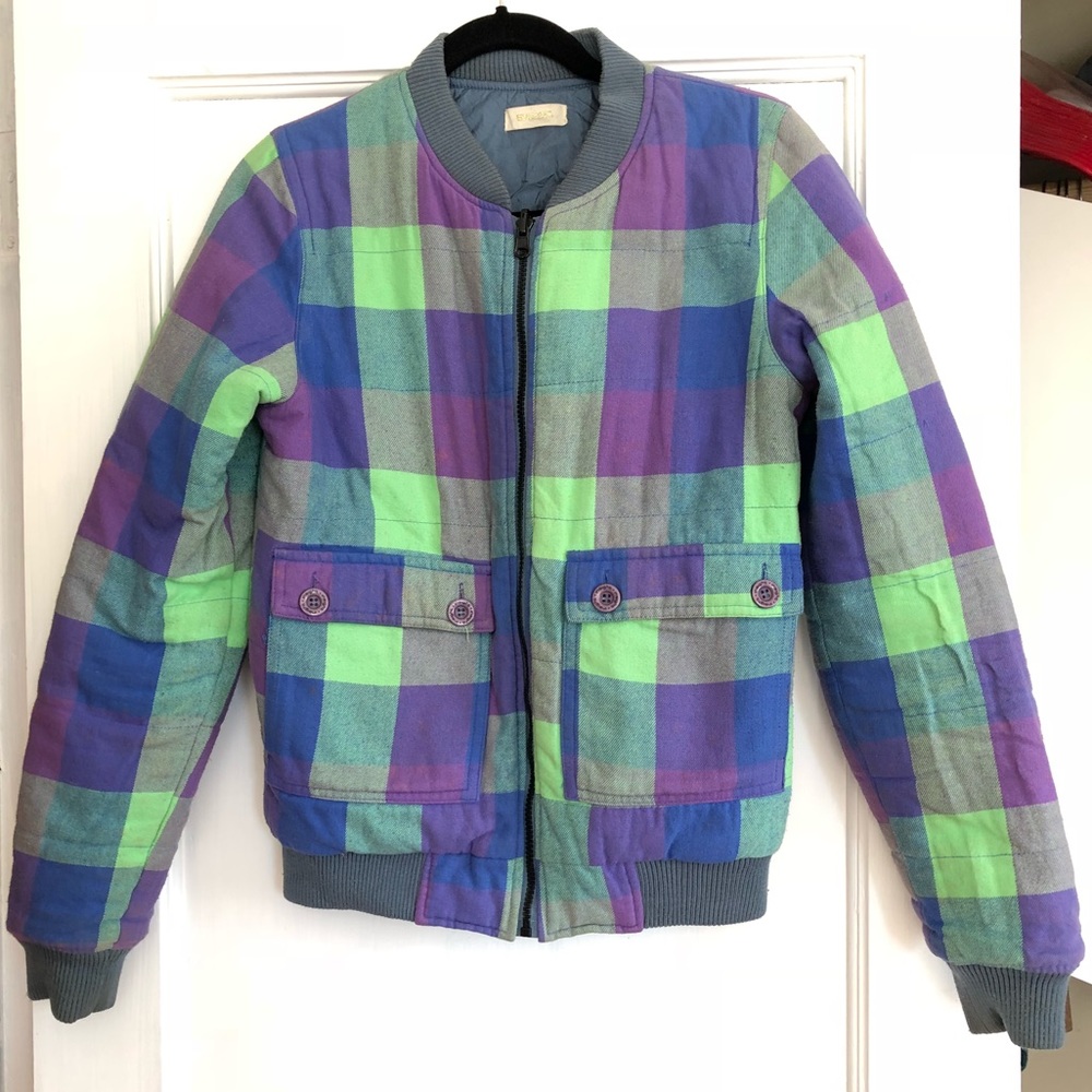Insight Green Blue Plaid Reversible Bomber Jacket